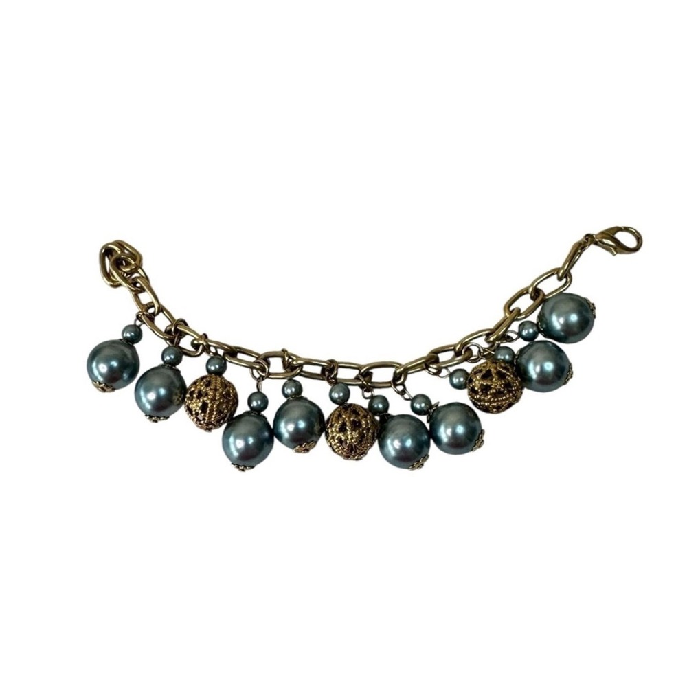Vintage Style Gold Tone Faux Pearl Filigree Bead Link Charm Bracelet Blue Grey